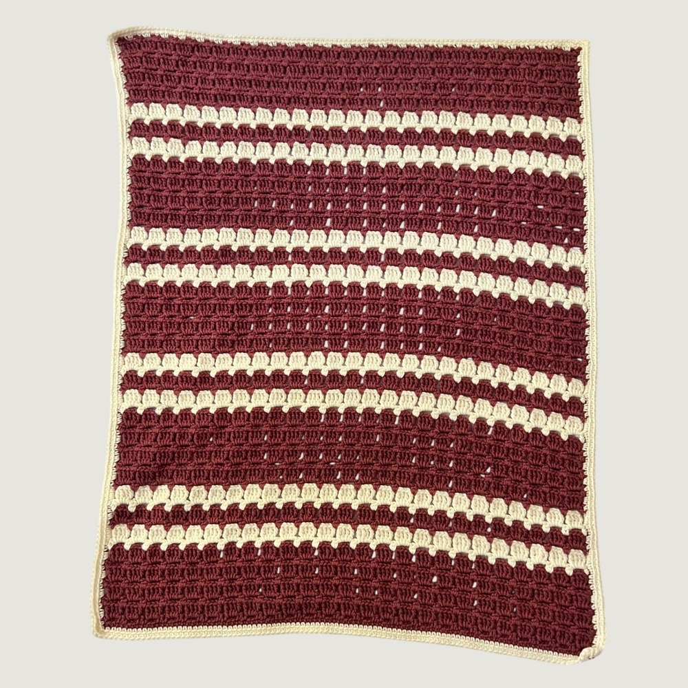 Vintage Handmade Crochet Baby Blanket Burgundy Cream Striped 27x34
